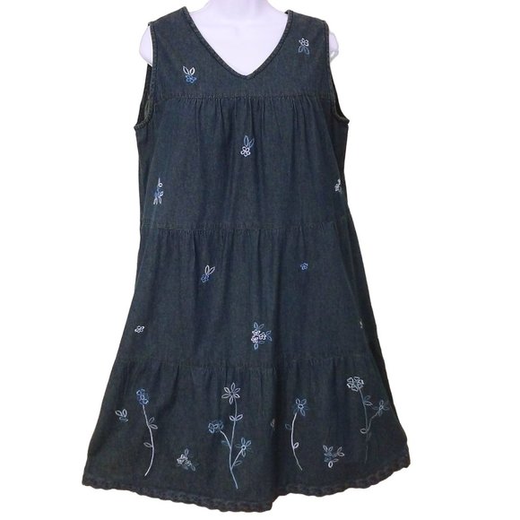 Vintage 90s Denim Jumper Pinafore Dress -M Embroidered Floral Pockets Lace Trim - Picture 1 of 9